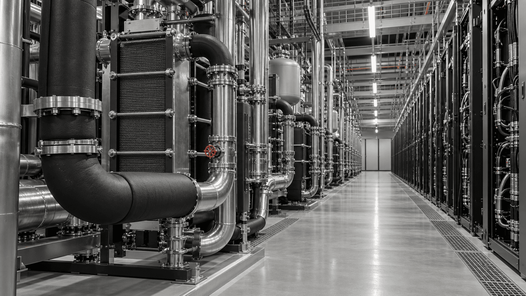 Liquid-cooling pipes and heat exchangers beside rows of compute racks